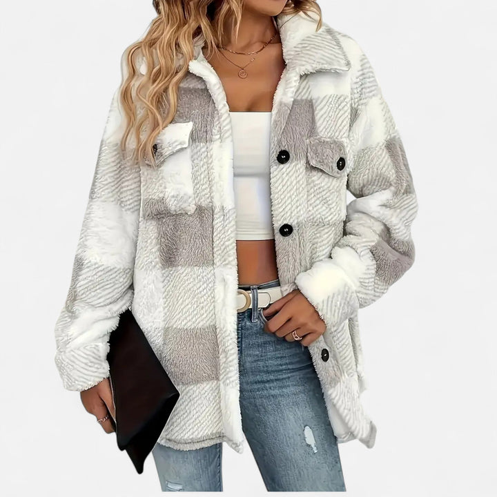 Stylish dark green plush winter coat, elegant checkered design for women's outerwear.