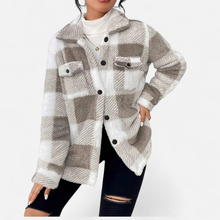 Warm dark pink checkered plush jacket, women's elegant winter coat.