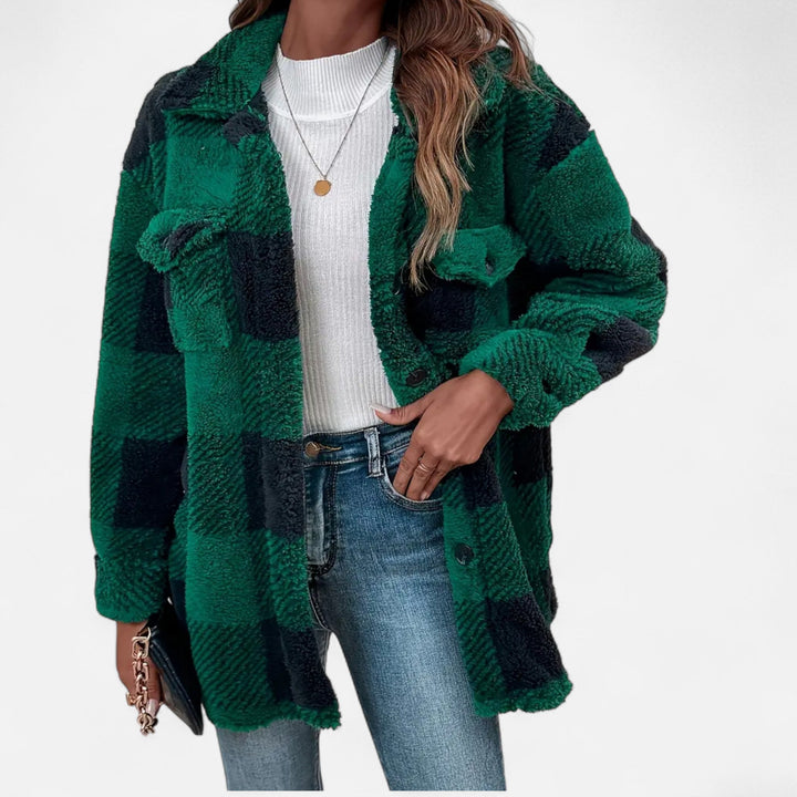 Black elegant checkered plush women's jacket, stylish and comfortable winter outerwear.