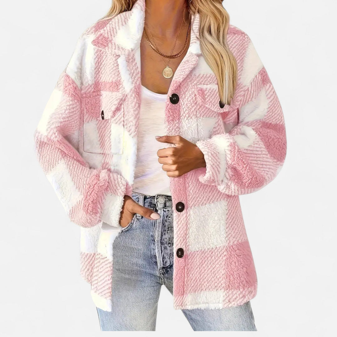 Women's warm plush checkered winter jacket, ideal for elegant cold weather fashion.