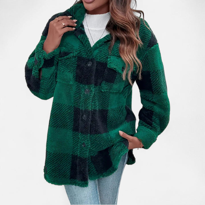Stylish grey checkered plush coat, women's winter fashion jacket with elegant design.