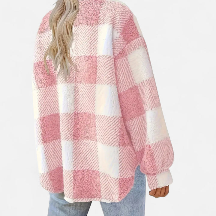 Khaki elegant plush winter jacket, women's fashion outerwear with checkered pattern.