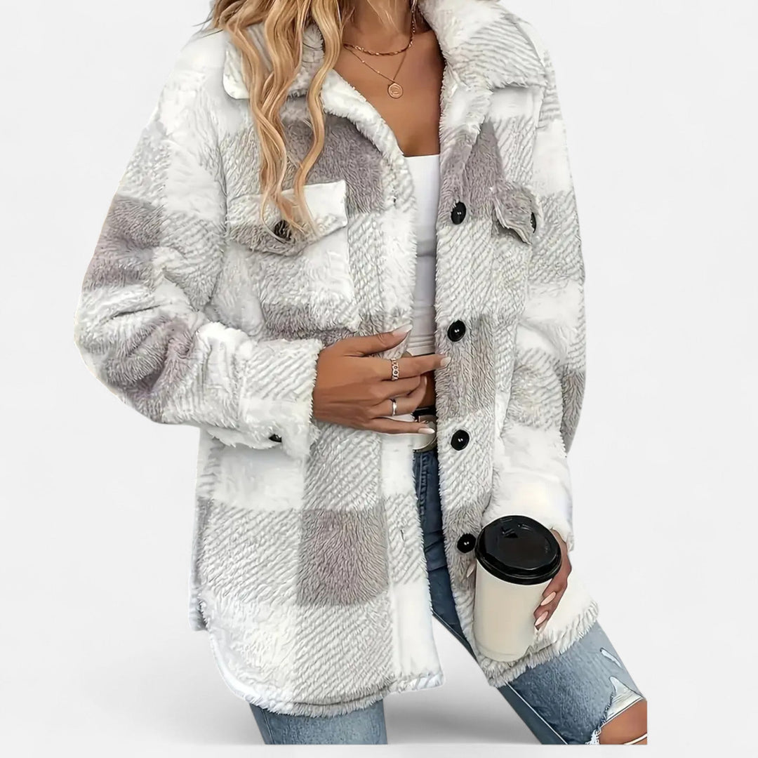 Dark green plush checkered winter coat for women, warm & stylish cold weather wear.