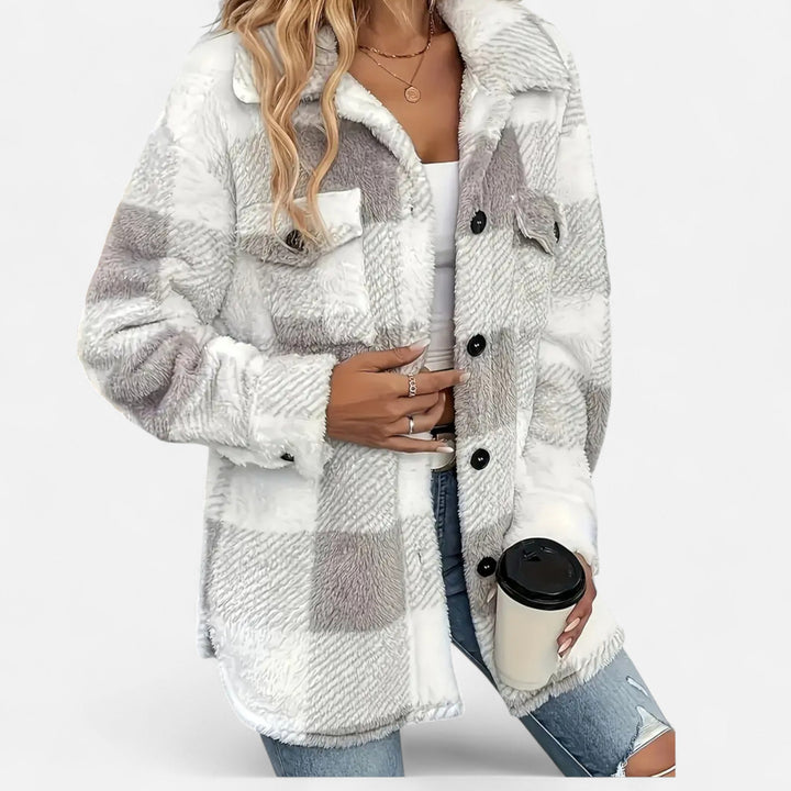 Dark green plush checkered winter coat for women, warm & stylish cold weather wear.