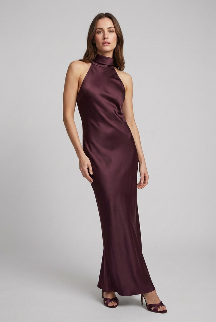 Elegant halterneck maxi dress for women, perfect as a wedding guest or formal evening gown.