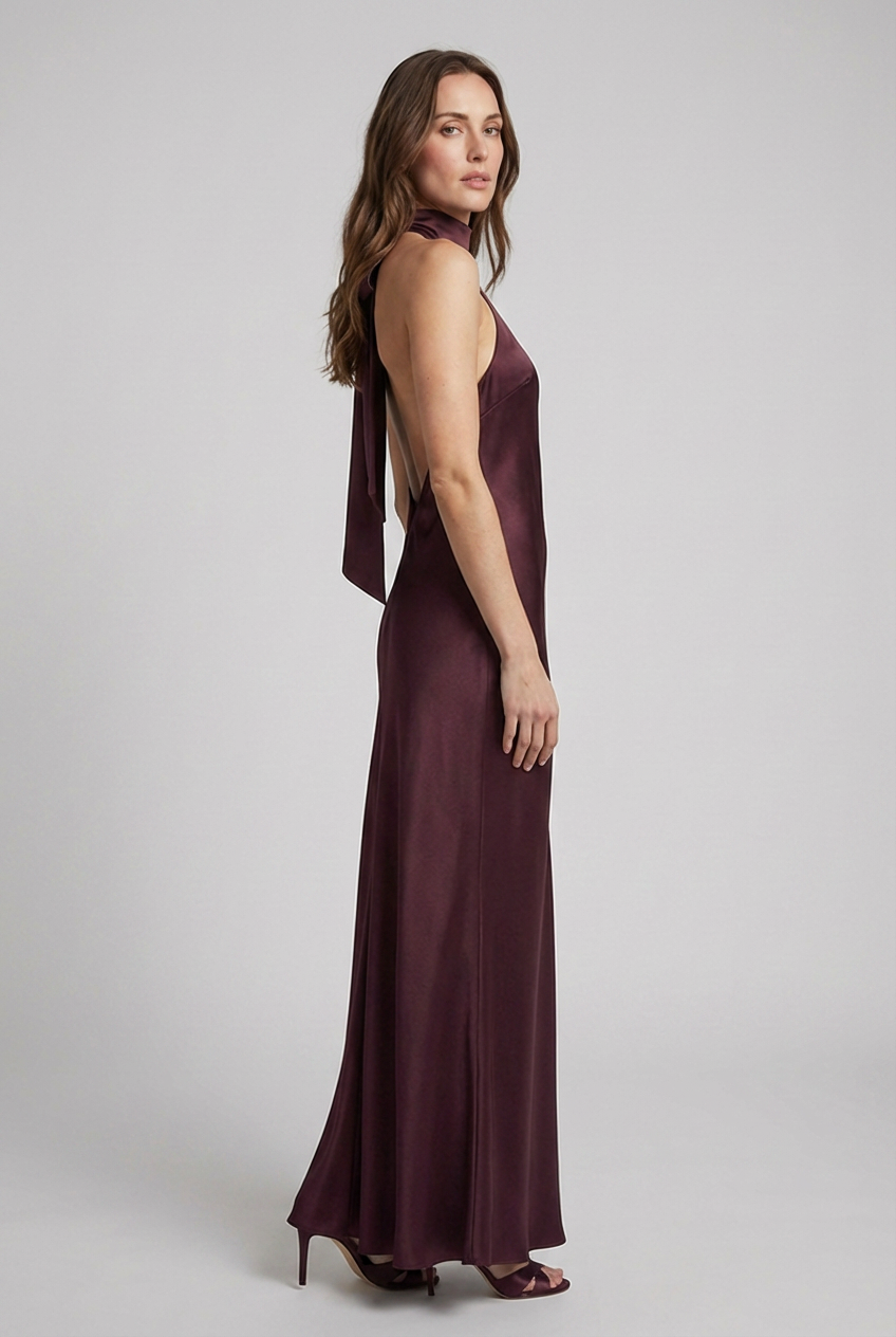 Sleeveless women's halterneck maxi dress, a chic and elegant long gown for special occasions.
