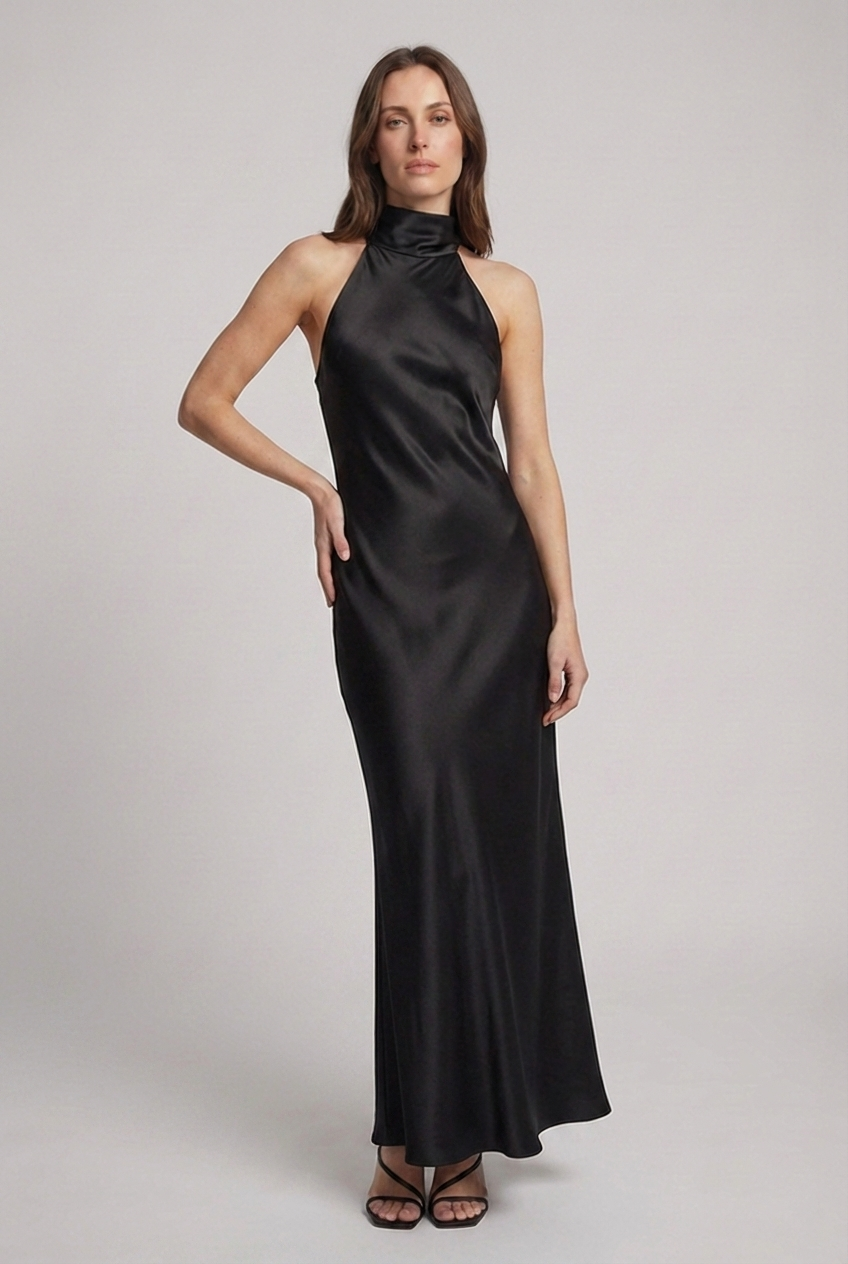 Wedding guest halterneck maxi dress for women, an elegant long dress perfect for formal occasions.