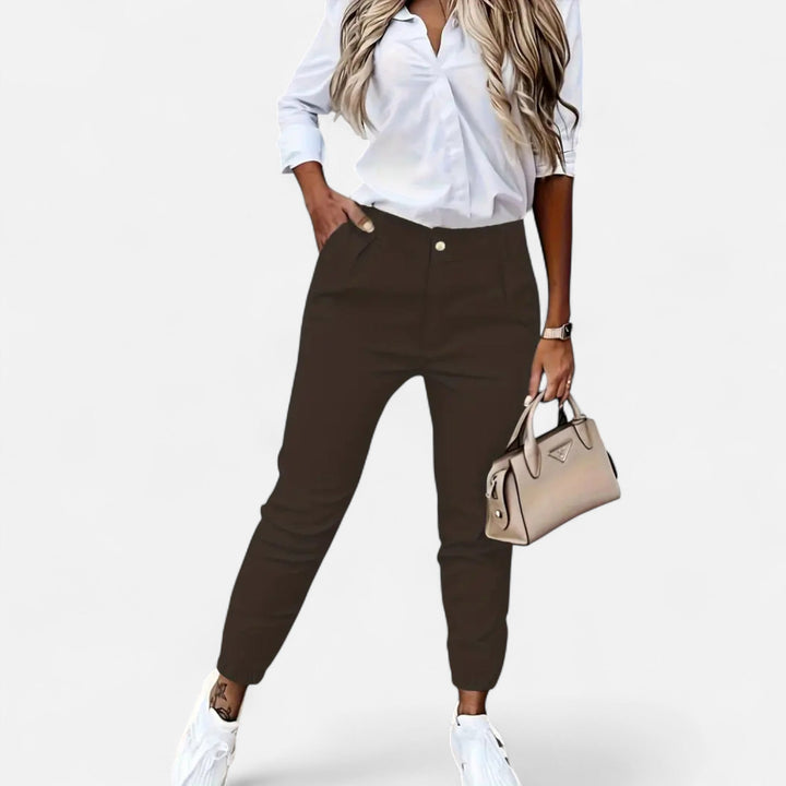 Stylish women's high-waist slim-fit pants, offering comfort & elegant versatility for any occasion.