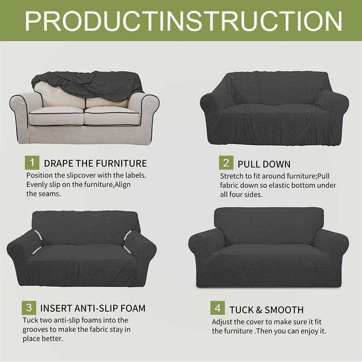"Elegant jacquard sofa cover with velvet texture, anti-scratch, stretchable and pet-friendly, ideal for stylish protection."