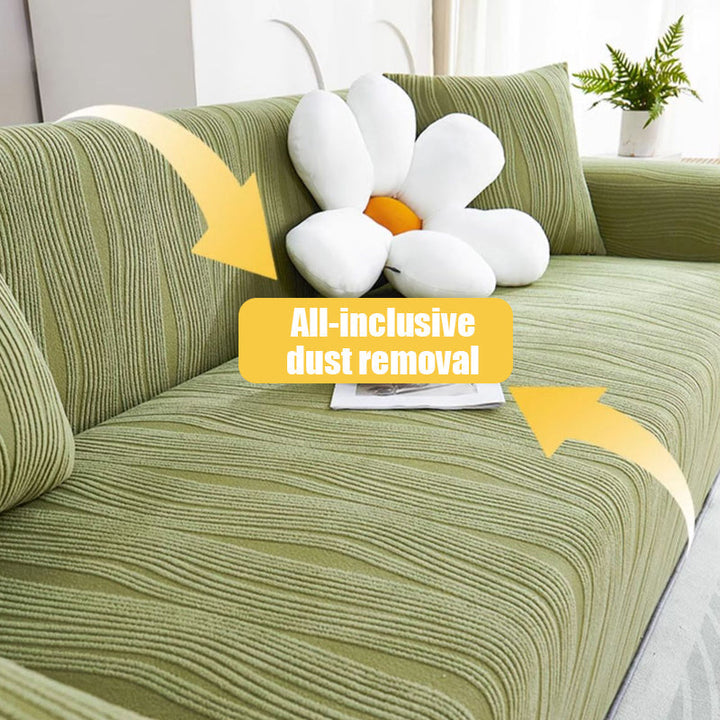 "Elegant jacquard sofa cover with velvet texture, anti-scratch, stretchable and pet-friendly, ideal for stylish protection."