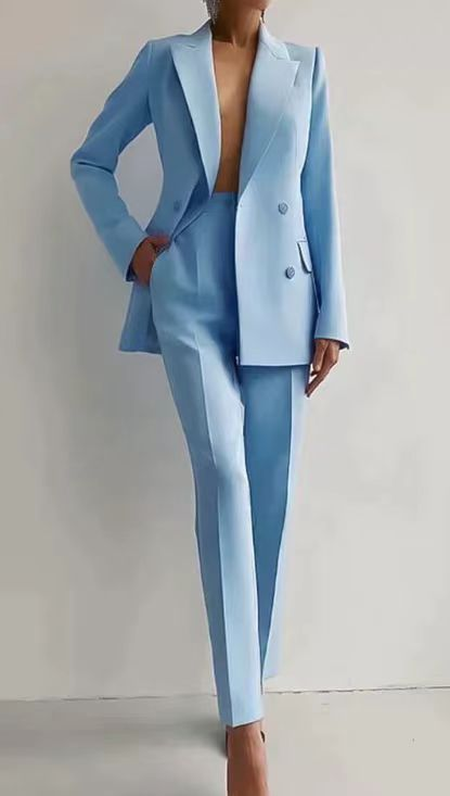 Elegant ladies' formal suit set with a long blazer & matching trousers, perfect for professional business attire.
