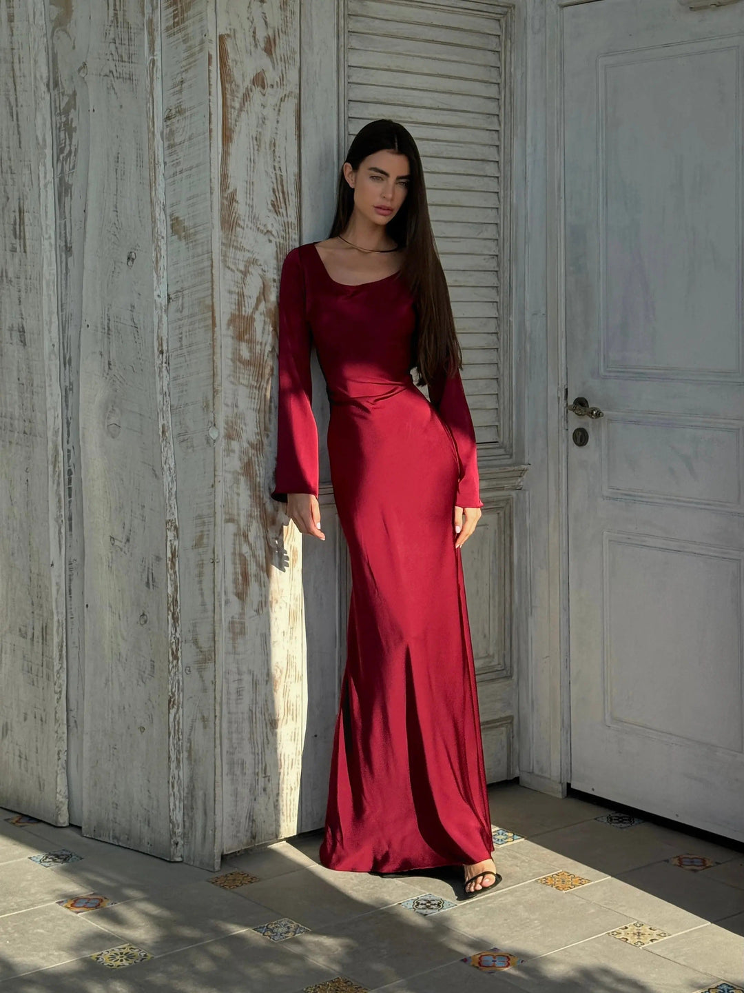 Stylish women's long sleeve maxi dress. Sophisticated elegant evening gown for formal fashion & special events.