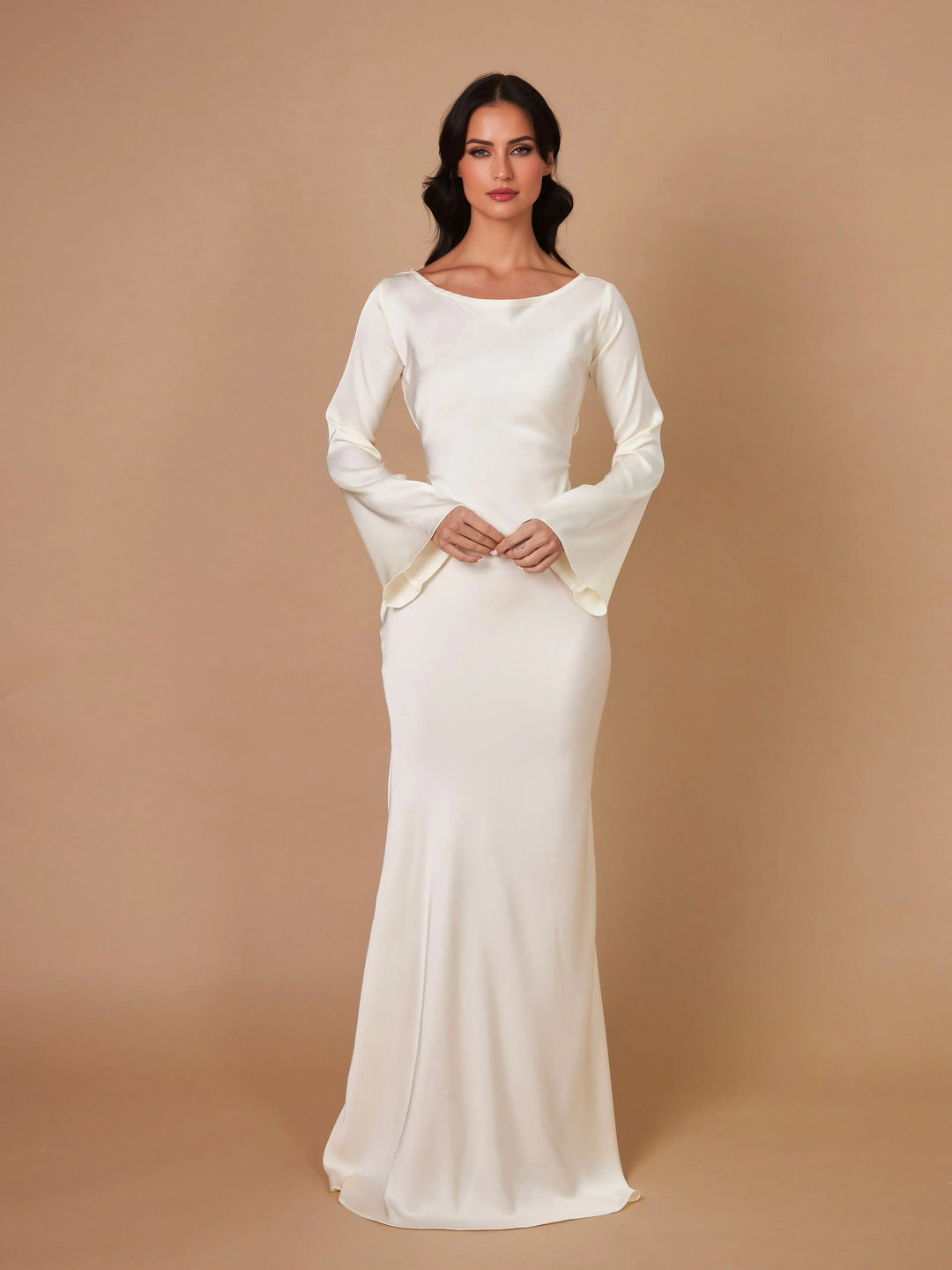 Chic women's long sleeve maxi dress. Sophisticated floor-length evening gown for elegant occasion wear fashion.