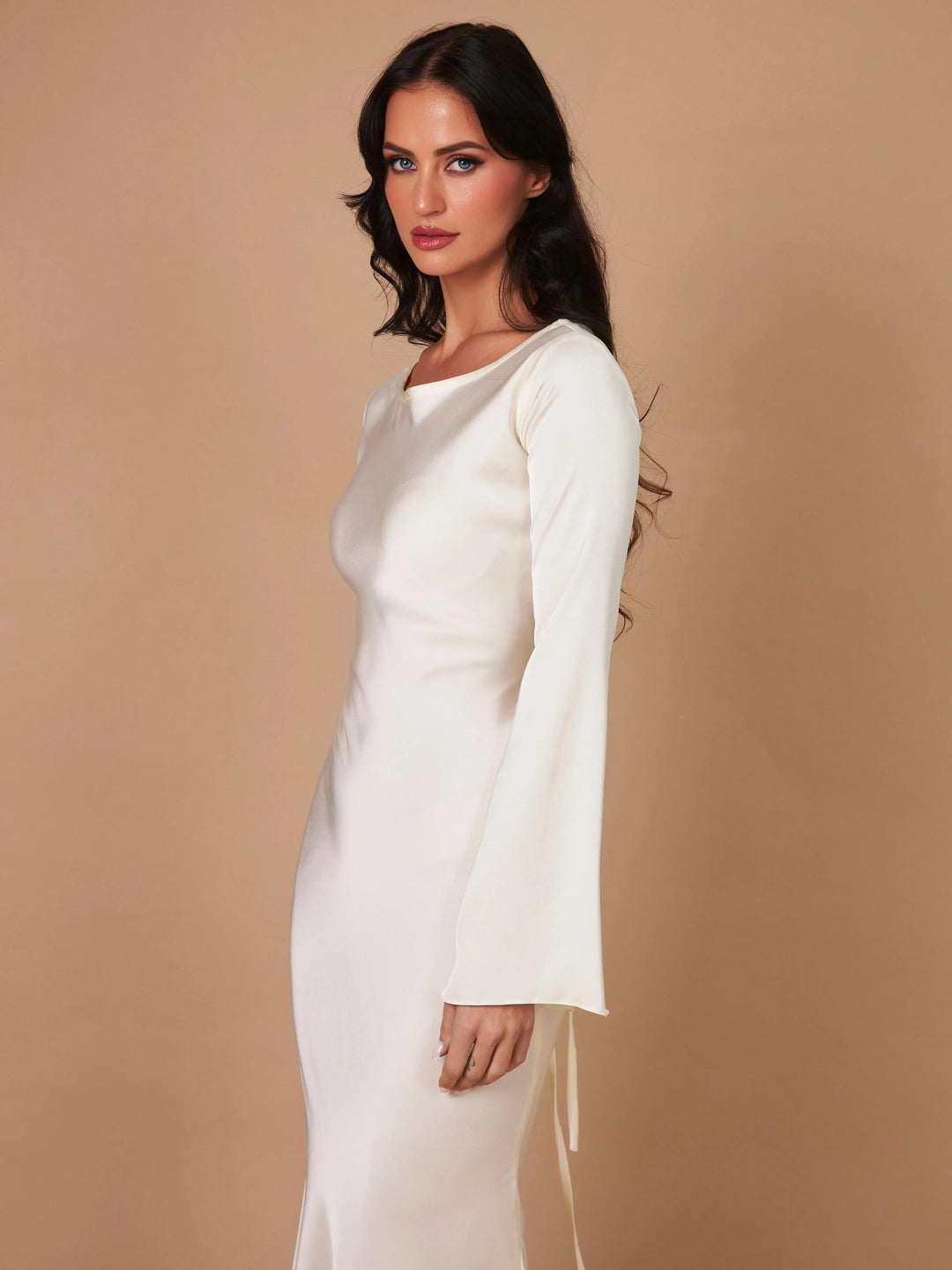 Women's elegant long sleeve maxi dress. Sophisticated floor-length evening gown, ideal for formal parties.