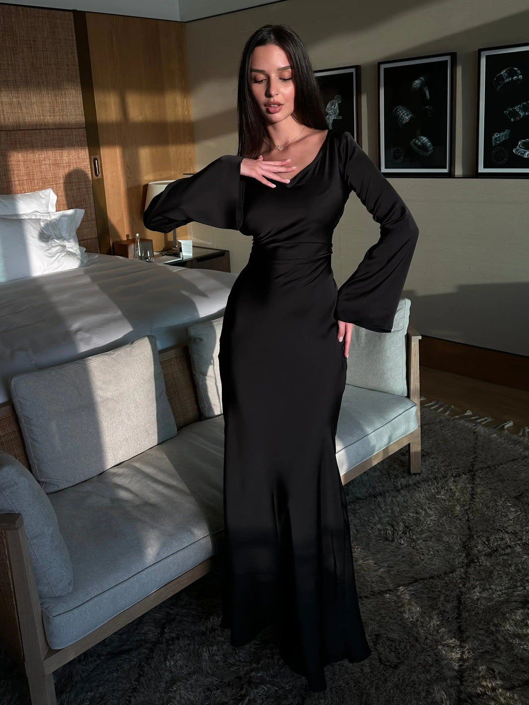 Sophisticated women's long sleeve evening gown. An elegant maxi dress for formal parties & special events.