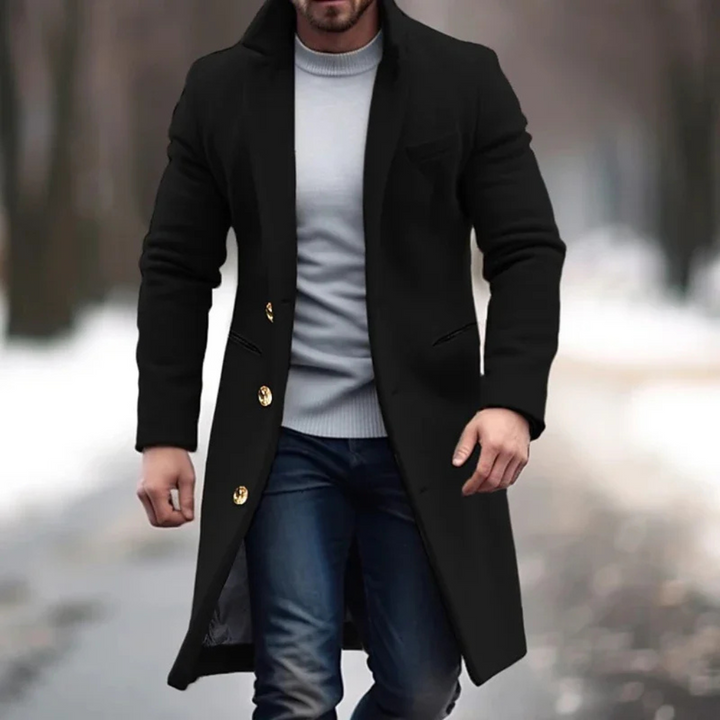 Elegant men's classic overcoat for winter. Long, formal outerwear perfect for business casual and cold weather.