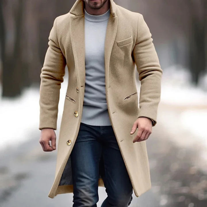 Stylish men's long coat, a classic winter overcoat. Perfect for formal wear, business attire, and layered fashion.
