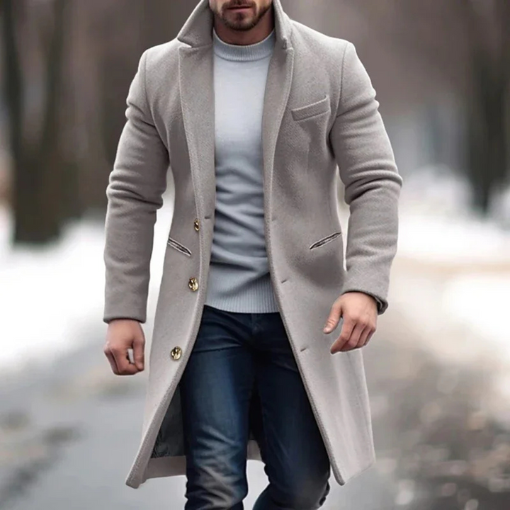 Classic men's elegant overcoat, ideal smart coat for cooler days. Versatile outerwear for formal & business casual looks.