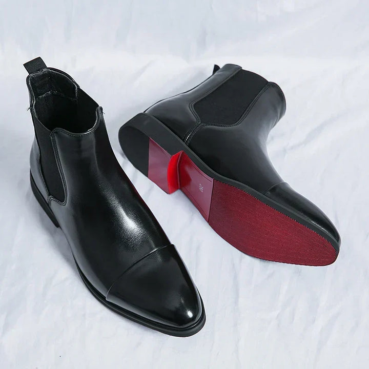 Elegant men's slip-on dress boots, classic style, sophisticated ankle footwear for formal & casual wear.