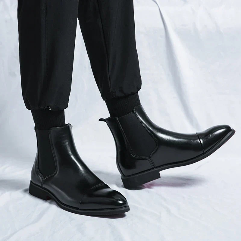 Men's elegant slip-on dress boots, comfortable ankle style. Perfect sophisticated formal & smart casual men's footwear.