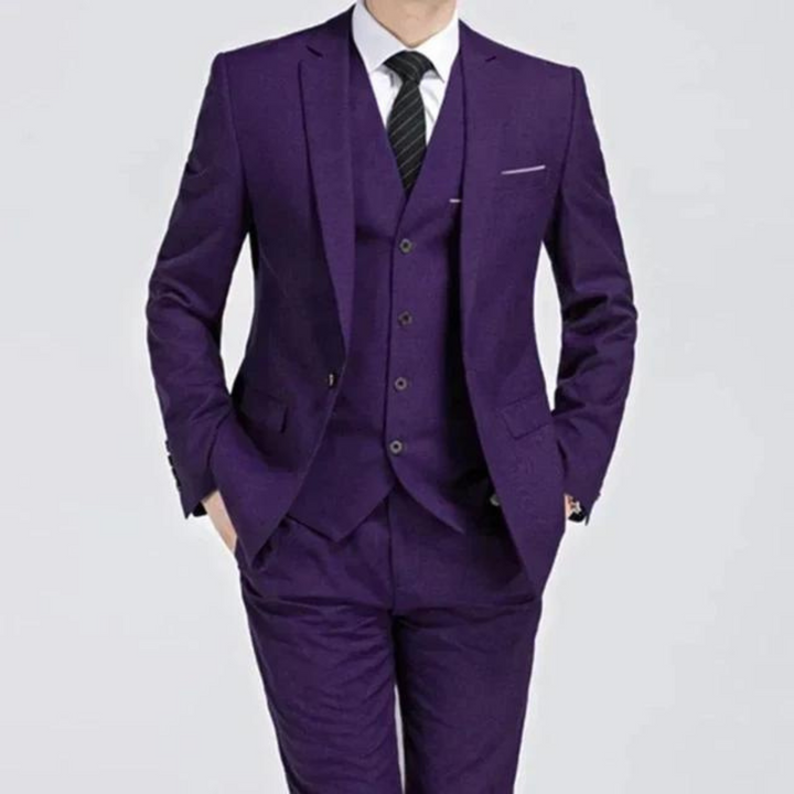 Elegant men's three-piece formal suit with waistcoat, perfect for weddings, business, and special occasions.