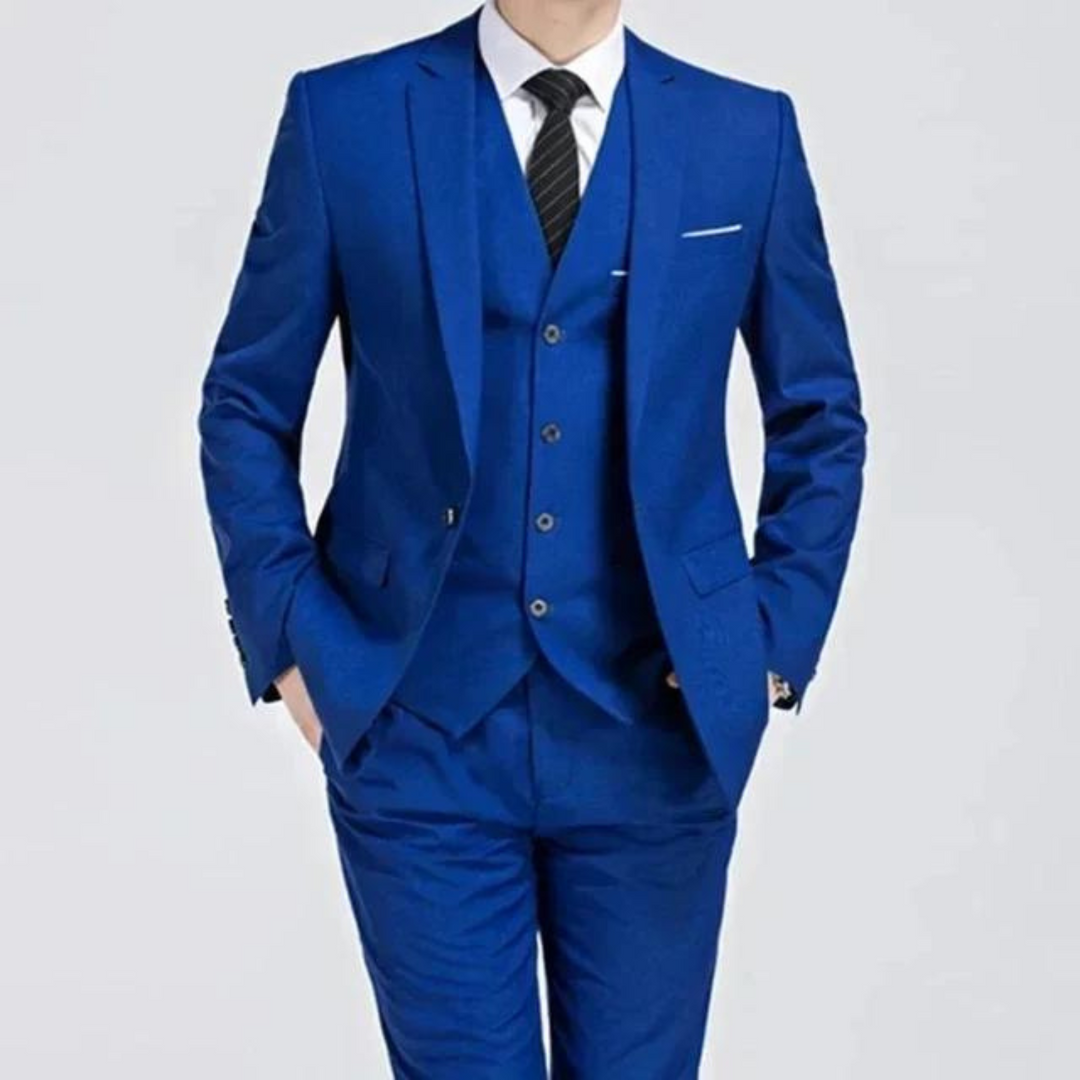 Sophisticated men's wedding suit; a three-piece formal attire with elegant waistcoat. Ideal for grooms.