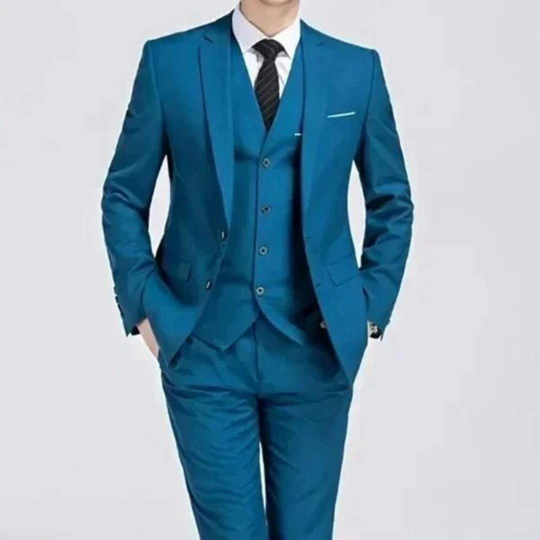 Classic men's tailored formal suit set with an elegant waistcoat, great for business or special occasions.