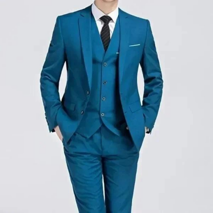Classic men's tailored formal suit set with an elegant waistcoat, great for business or special occasions.