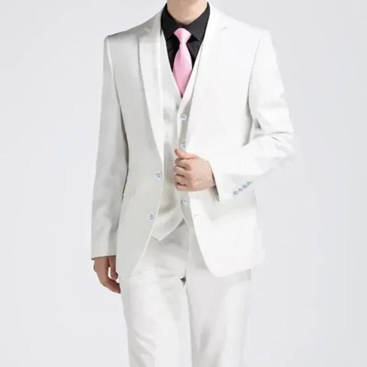 Well-fitted men's three-piece suit with formal waistcoat, designed for a sharp, elegant, tailored look.