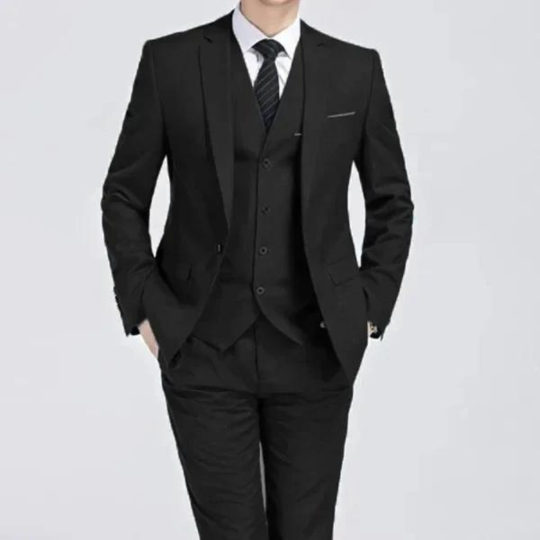 High-quality men's elegant three-piece suit with waistcoat, tailored for a sophisticated formal event.