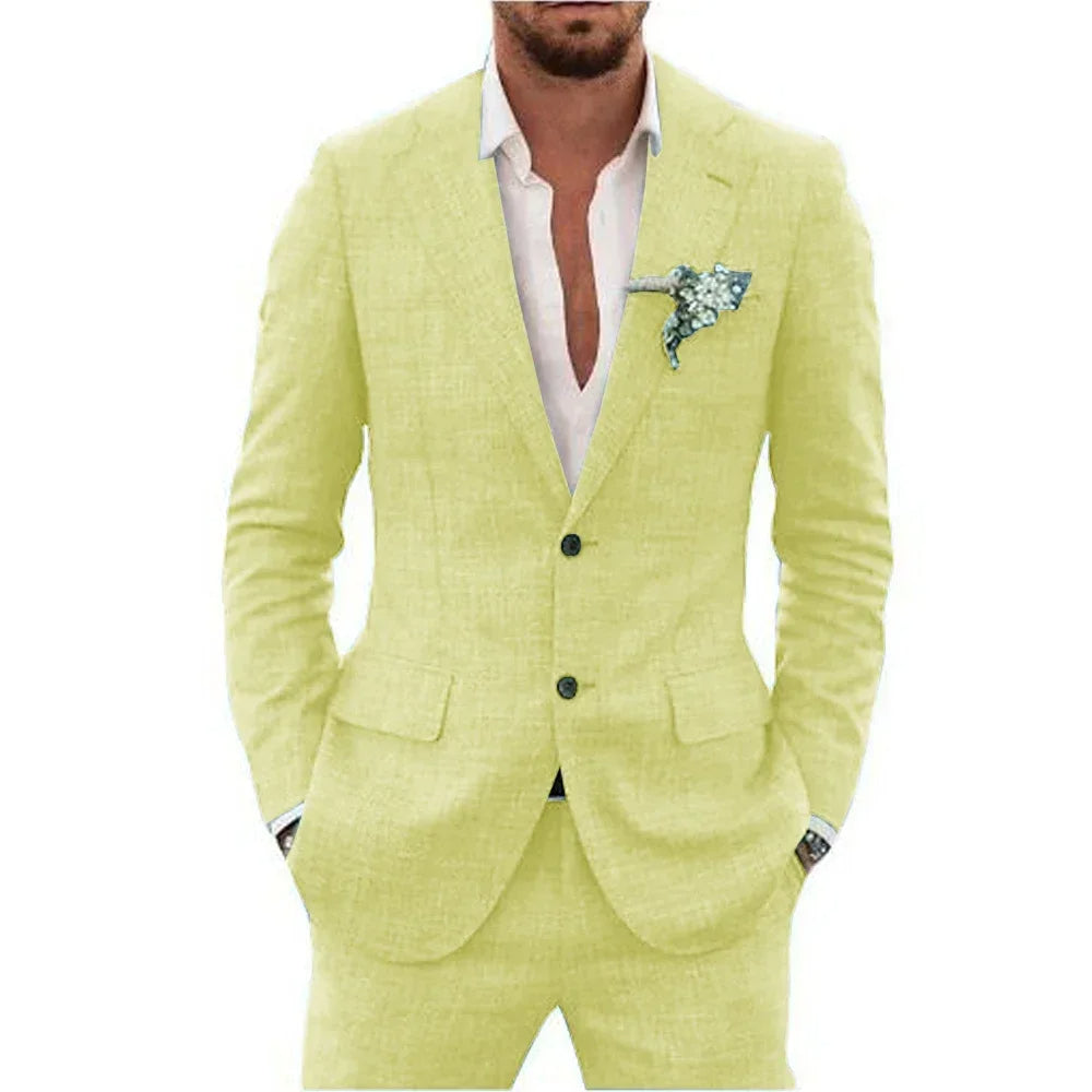 "Elegant men's linen blend suit, tailored fit, versatile for weddings or business, shown in stylish shades, breathable fabric