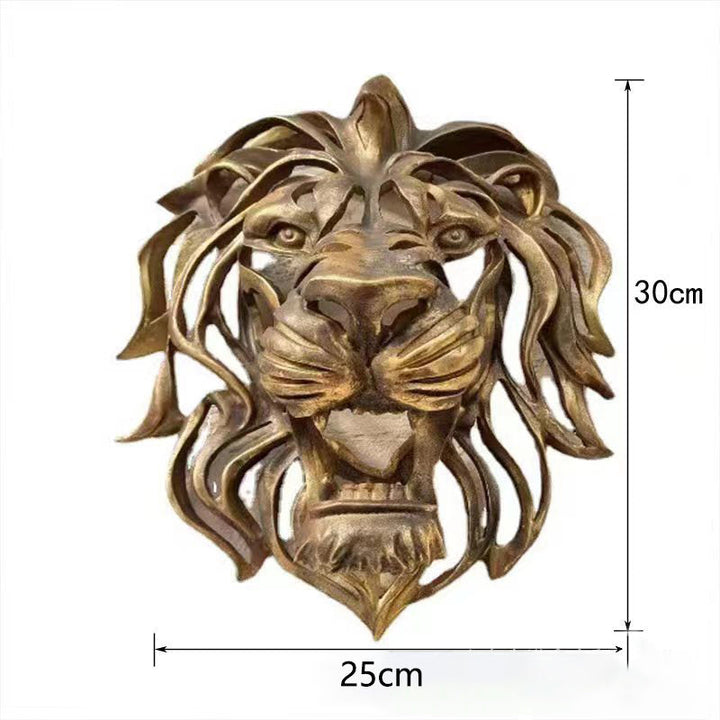 Bold elegant metal lion head wall decor, a strong indoor/outdoor art piece for a majestic home.