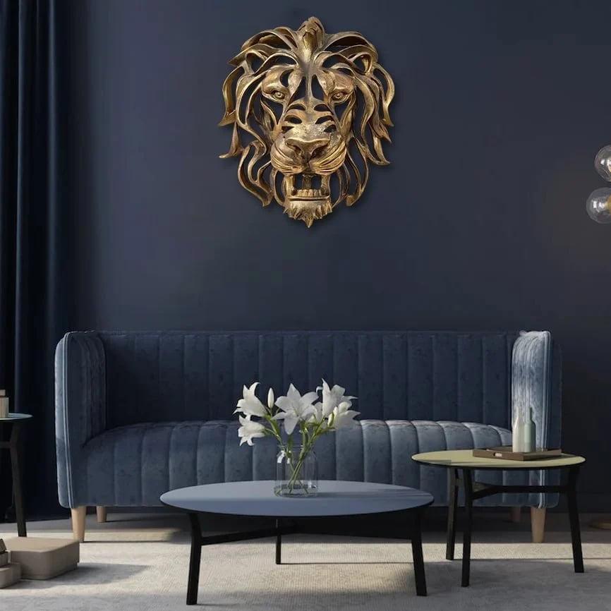 Modern elegant metal lion head sculpture, a striking wall art decor for indoor & outdoor use.