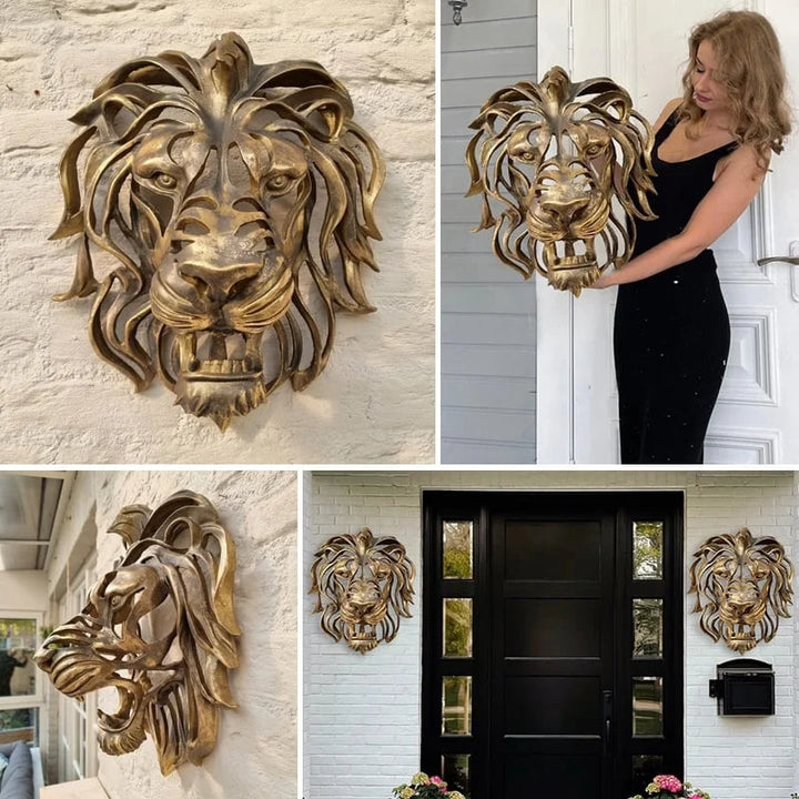 Impressive metal lion head wall art, a majestic and elegant sculpture for indoor/outdoor display.
