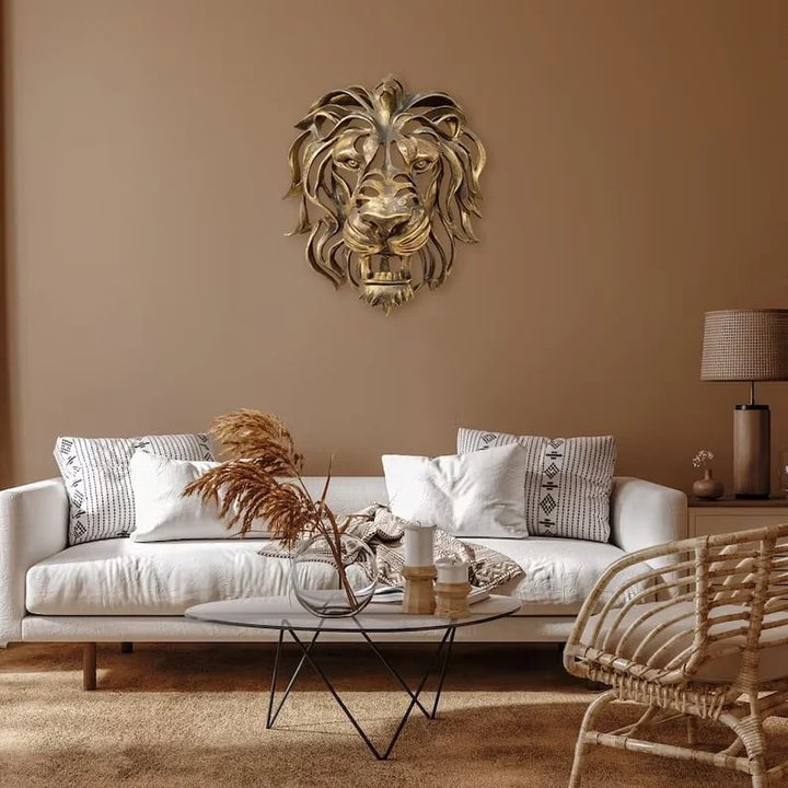 Durable metal lion head wall decor, an elegant, majestic sculpture perfect for garden art.