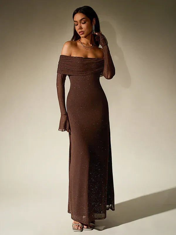 Elegant off-shoulder black tie evening gown. Women's long sleeve maxi dress, perfect for formal events & parties.