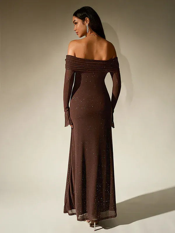 Stunning off-shoulder formal evening gown for women. Elegant long sleeve maxi dress, perfect for special occasions.