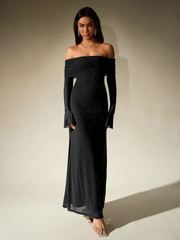 Sophisticated women's off-shoulder evening gown. Formal long sleeve maxi dress, ideal for glamorous special occasions.