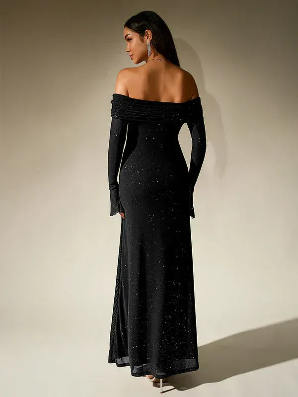 Beautiful women's off-shoulder maxi dress. Elegant long sleeve evening gown, a glamorous choice for parties.