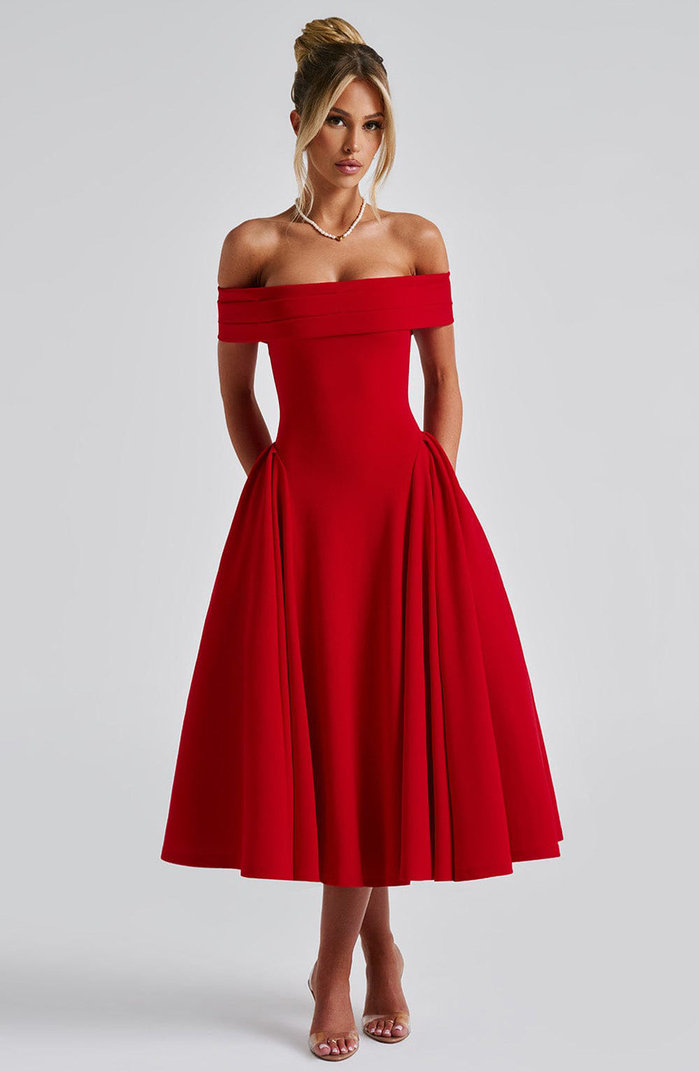 Elegant Off-Shoulder Flare Midi Dress for women, perfect for formal events, wedding guests & parties.