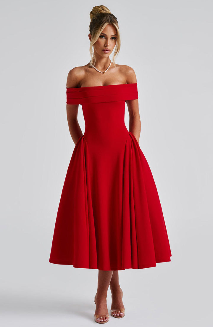 Elegant Off-Shoulder Flare Midi Dress for women, perfect for formal events, wedding guests & parties.