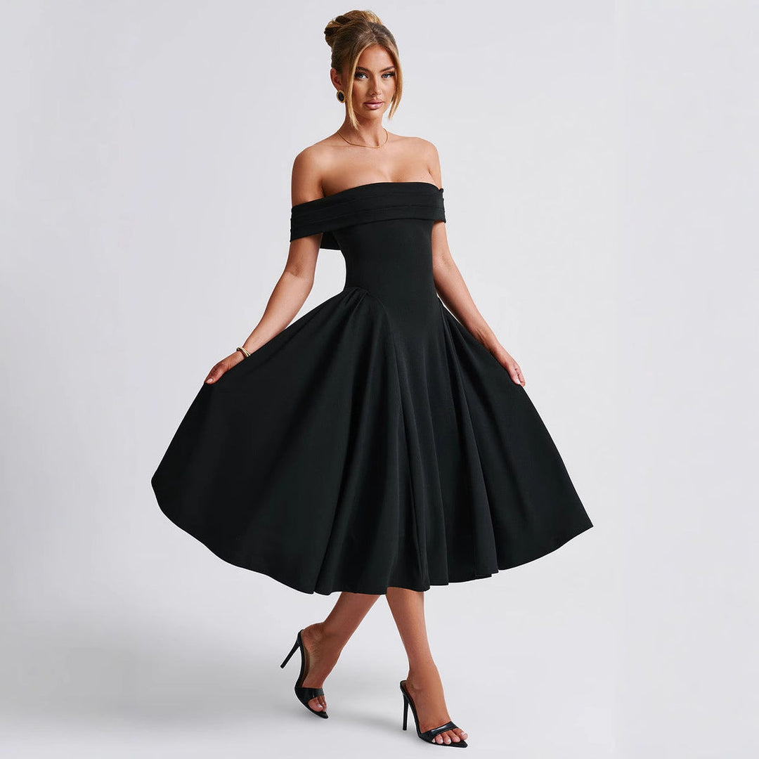 Chic Women's Off-Shoulder A-line Midi Dress with a flattering flare, ideal for evening & formal wear.