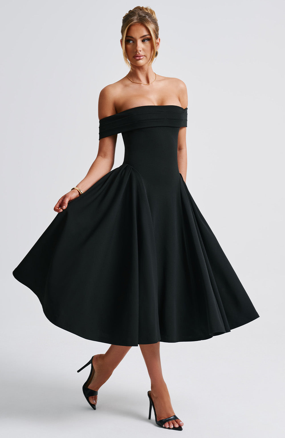 Sophisticated Off-Shoulder Flare Midi Dress for women, excellent as a party, wedding guest or occasion wear.