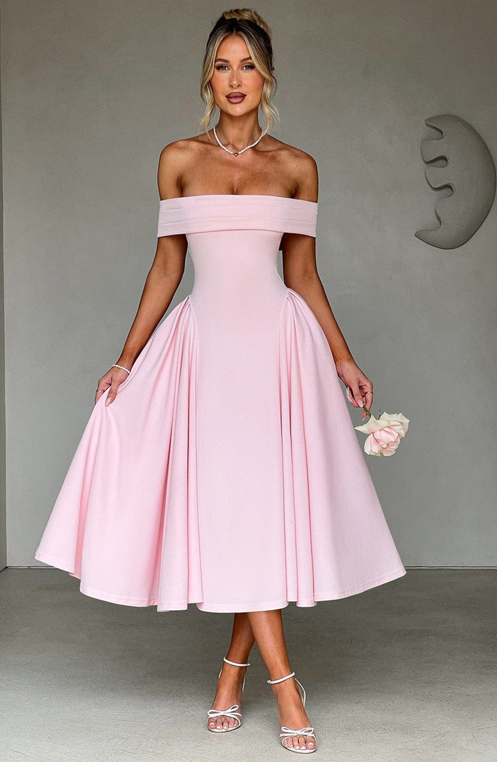 Stylish Off-Shoulder Flare Midi Dress for women, a sophisticated choice for parties & special occasions.