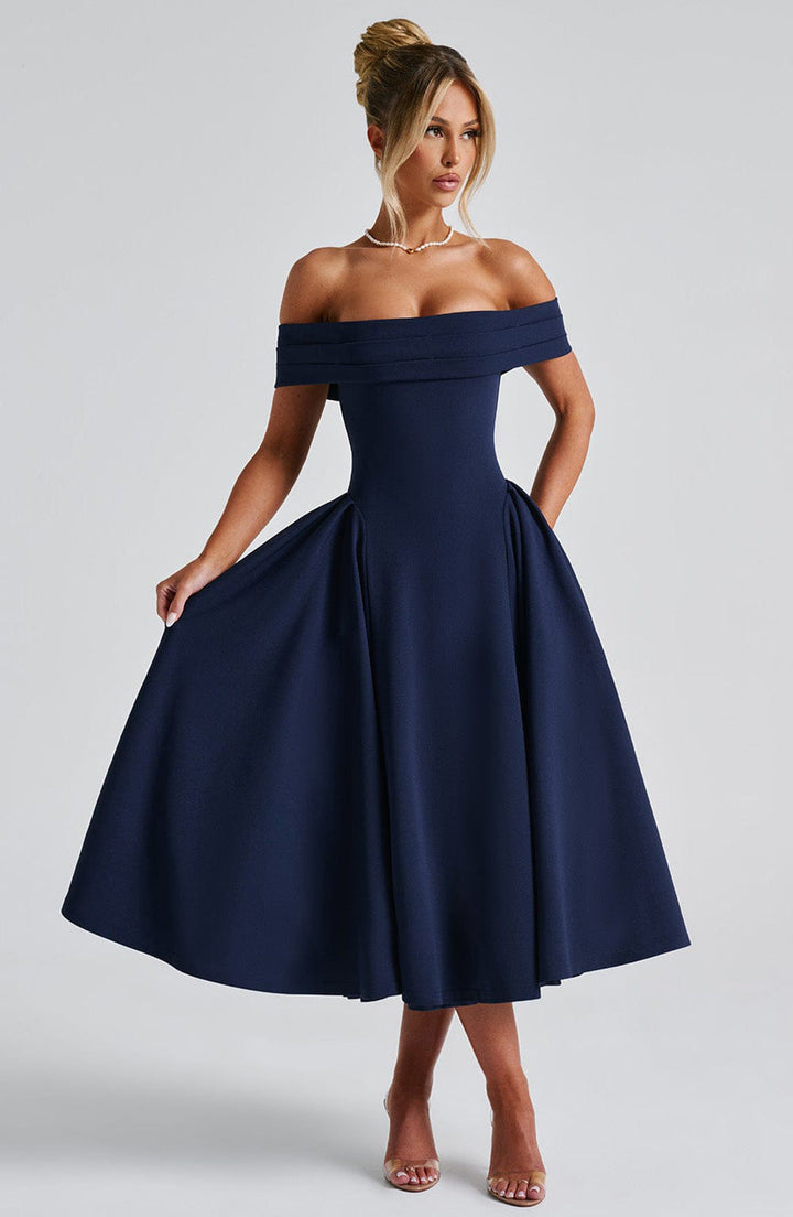 Beautiful Off-Shoulder Midi Dress, an elegant flare dress for women, ideal for formal & evening events.