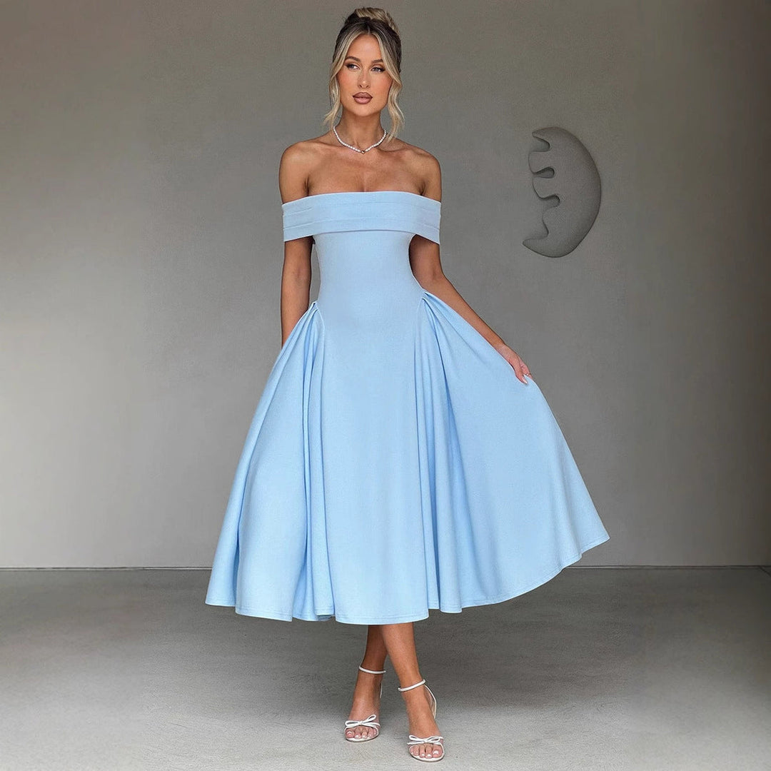 Sleek Off-Shoulder Flare Midi Dress, a chic women's dress perfect for formal gatherings & wedding guests.