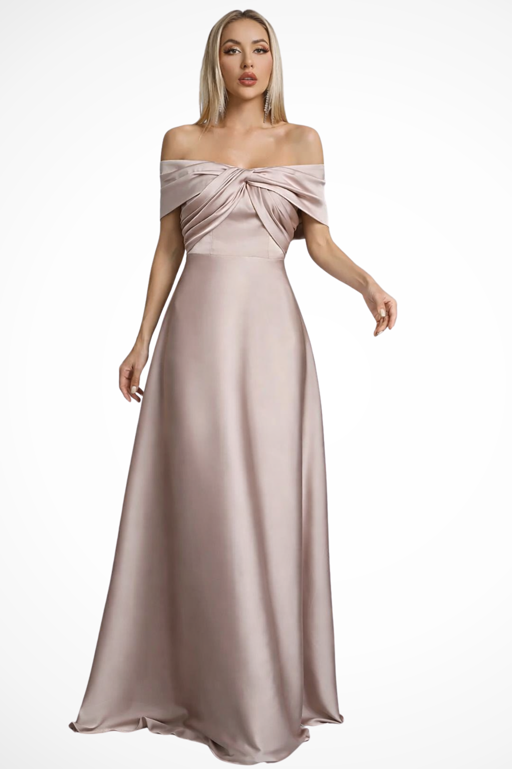 Elegant off-shoulder pleated maxi dress for women, perfect for special occasions.
