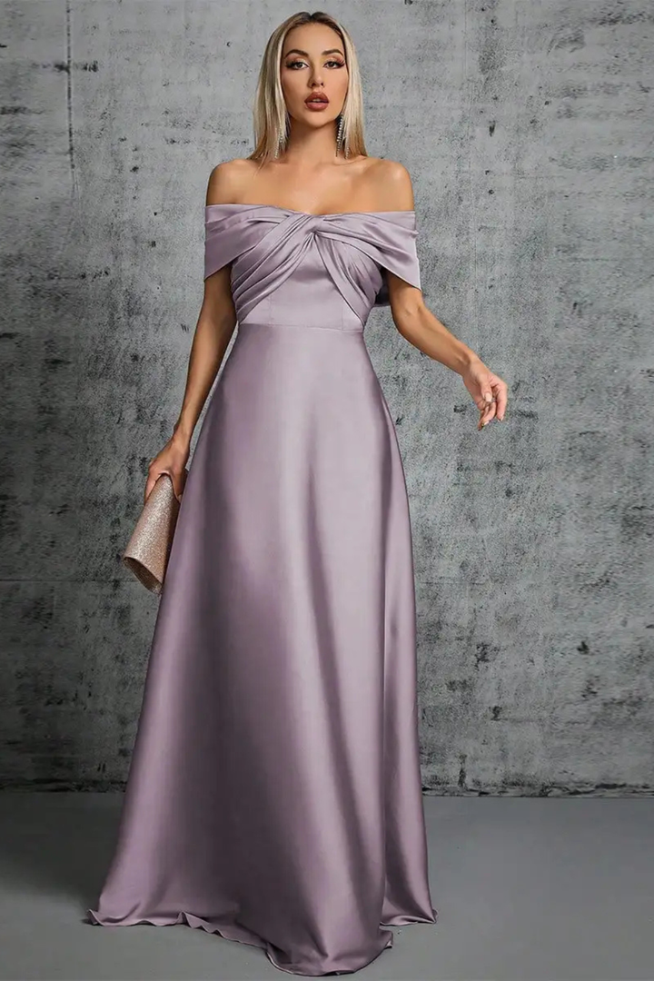 Women's elegant off-shoulder maxi dress, featuring a graceful twisted knot bodice.