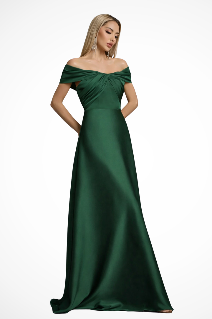 Pleated maxi dress: off-shoulder design in a rich dark green, perfect for formal wear.