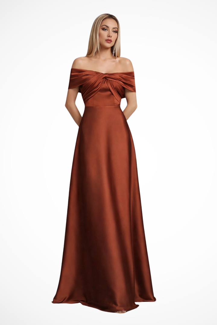 Sophisticated khaki off-shoulder pleated maxi dress, a versatile formal evening gown.